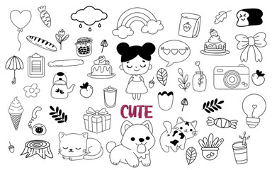 Cute kawaii doodle line art decoration clipart set