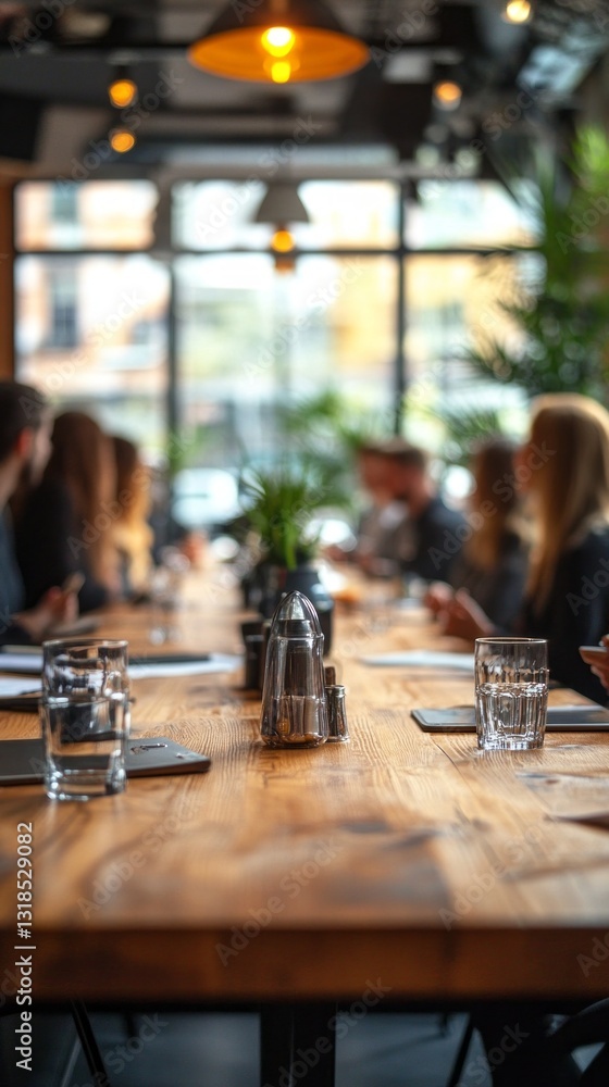 Poster colleagues engage in a productive meeting around a long wooden table. glassware and greenery add a r