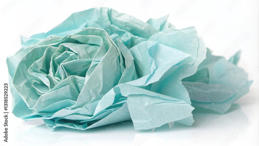 Fototapete a delicate and soft crumpled piece of blue tissue paper with a smooth, white background, offering a 