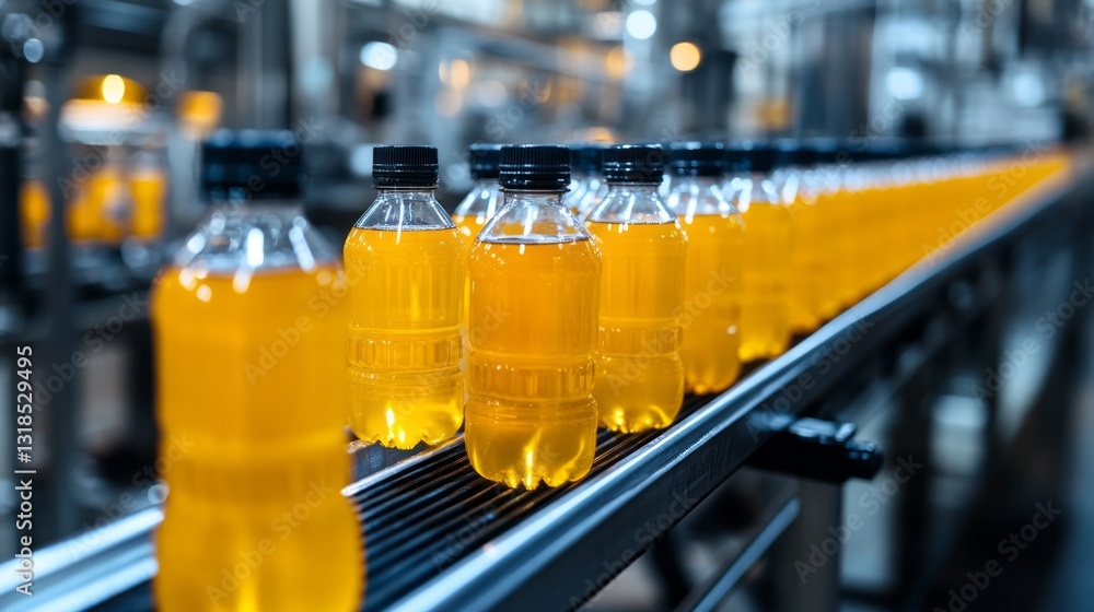 Poster rows of transparent bottles glide along a conveyor belt, filled with bright orange liquid. the facto