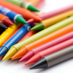 Close-up of a row of colorful crayons arranged neatly, showcasing the bright and diverse colors on a white background.