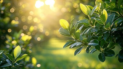 Lush greenery, bokeh sunlight. Serene view of leaves bathed in golden light