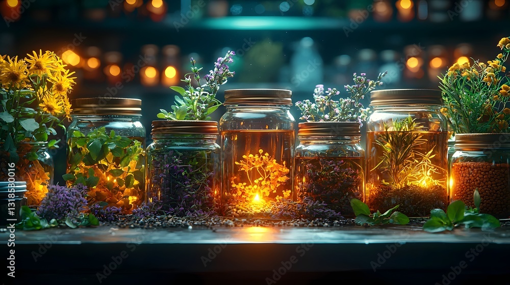 Poster glowing table setting with herbal infusions and candles creating a calming ambiance