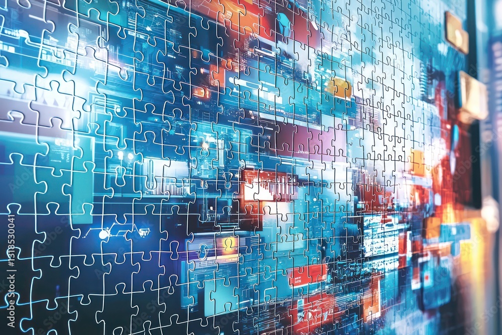Poster puzzle of advanced business concepts forms a vision of the future.