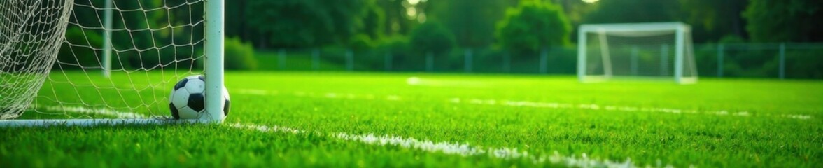 Naklejka premium Green grass corner of soccer field with goal net and ball, goal, field, ball