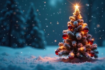 Snowy Christmas tree with ornaments and lights , evergreen trees, festive atmosphere