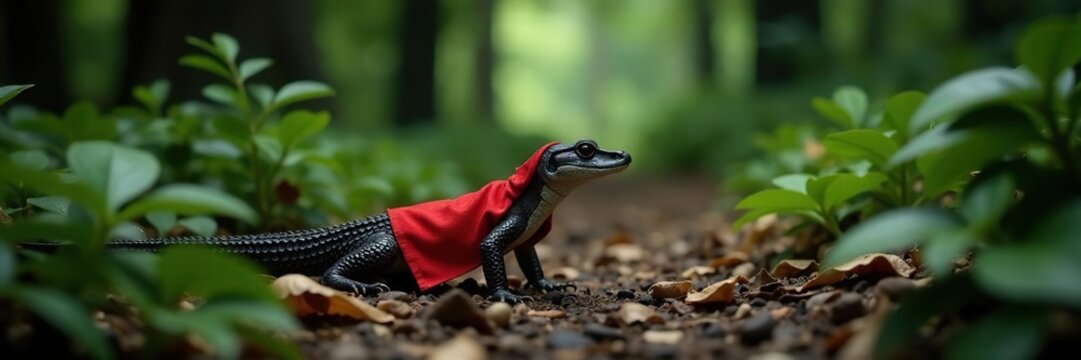 Lagarto con traje rojo camina por el bosque oscuro, negro, fant?stico