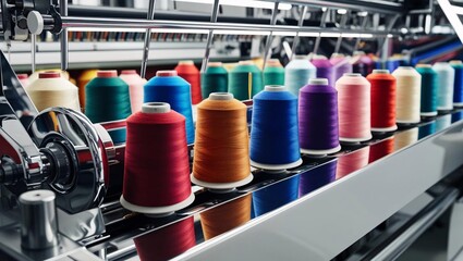 Vibrant spools of thread adorn advanced textile machinery, showcasing innovation and precision in modern fabric creation. A symphony of colors.