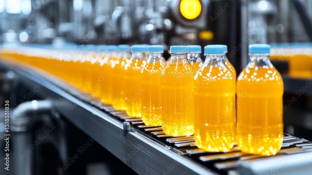 Poster Vivid orange bottles filled with refreshing beverage move steadily along a sleek conveyor belt in a bustling factory setting. Workers oversee the process, ensuring quality and efficiency throughout