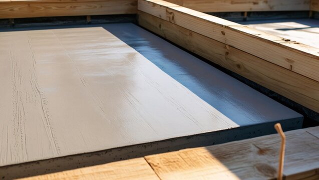 Newly poured concrete slab, curing in sunlight, supported by wooden forms. A fresh layer of concrete is visible, showing the texture and the curing process.