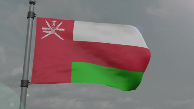 oman country flag waving with pole in cloudy background