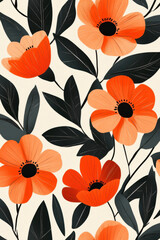 Fototapeta premium A flat, stylized floral illustration featuring bold, bright orange flowers with simple, rounded petals and dark green leaves. 