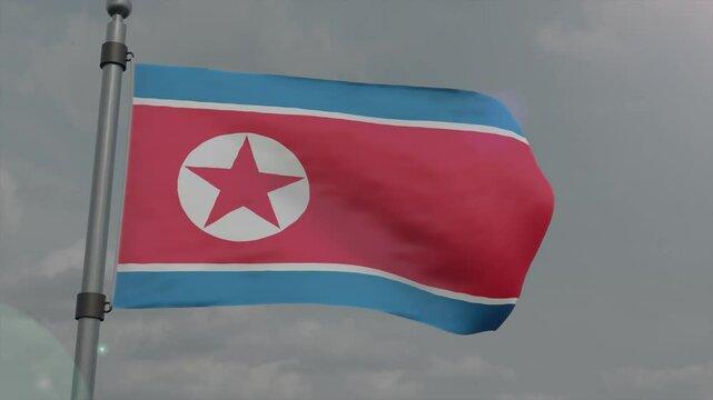 north korea country flag waving with pole in cloudy background