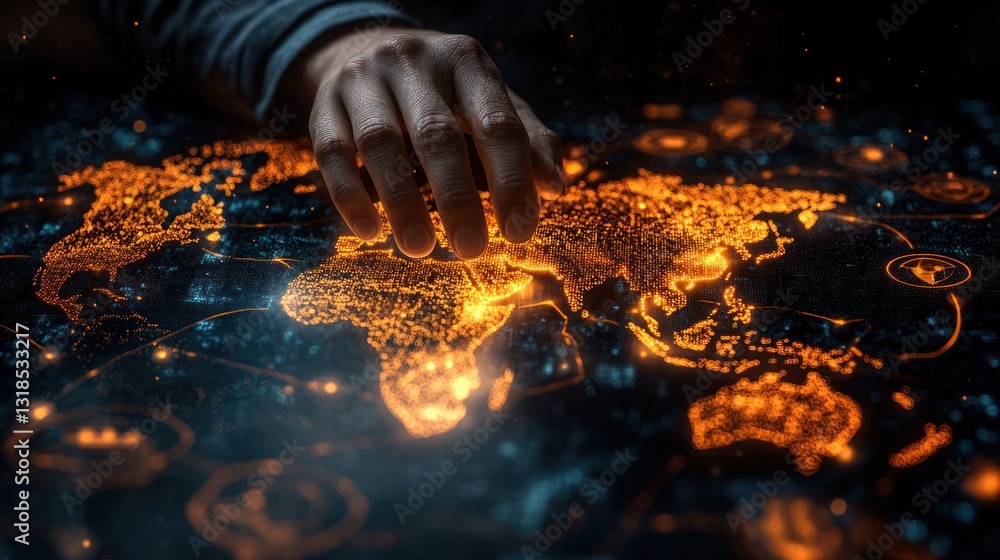 Poster hand interacting with glowing world map interface