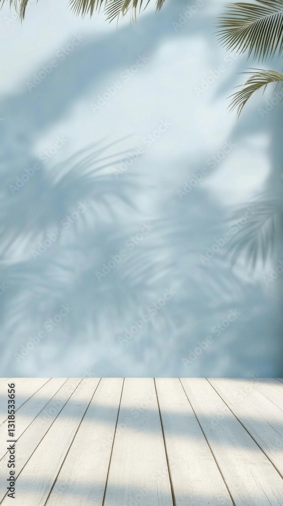 Poster palm shadows dance on a serene, light blue backdrop, creating a calming atmosphere. a rustic wooden 