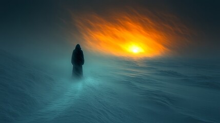 Fototapeta premium A shrouded figure strides through a blizzard, drawn to the vibrant glow of the setting sun