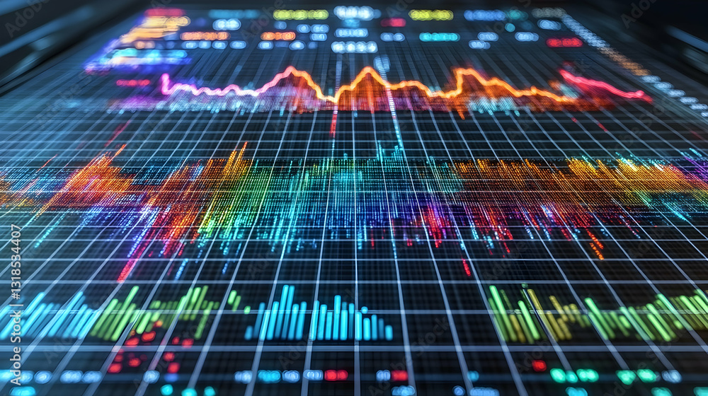 Poster vibrant, multicolored data streams visualized on a grid, showcasing dynamic fluctuations and pattern