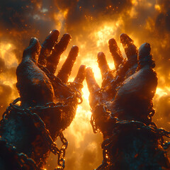 Close-up of dark-skinned hands reaching towards the sky, with the remains of broken chains on the wrists. The fingers are spread wide, as if embracing newfound freedom. 8K resolution