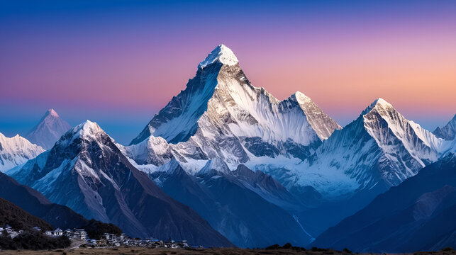 Breathtaking panoramic view of ama dablam summit and snow capped peaks after sunset in nepal