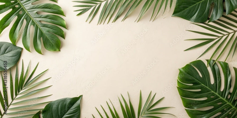 Poster a minimalist background featuring a central space for text surrounded by a border of tropical leaves
