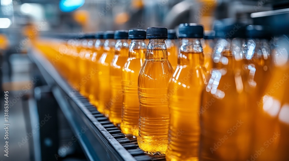 Aufkleber workers oversee a swift assembly line where transparent bottles filled with a golden liquid are stea