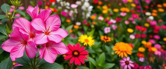 Obraz premium A vibrant pink flower blossoms amidst lush green foliage and colorful blooms in a spring garden, floral design, flower power