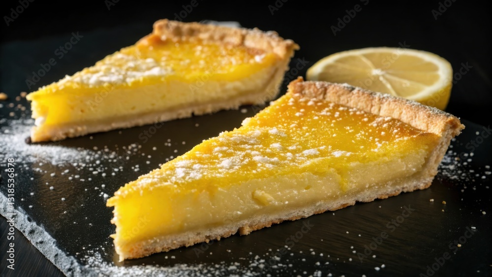 Poster a slice of lemon tart dusted with powdered sugar, a symbol of simple pleasures and a sweet indulgenc