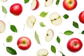 Fresh apple slices and leaves on a transparent background