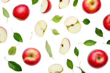 Fresh apple slices and leaves on a transparent background