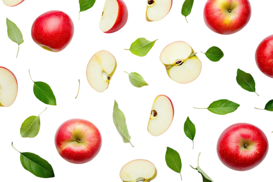 Fresh apple slices and leaves on a transparent background - Powered by Adobe