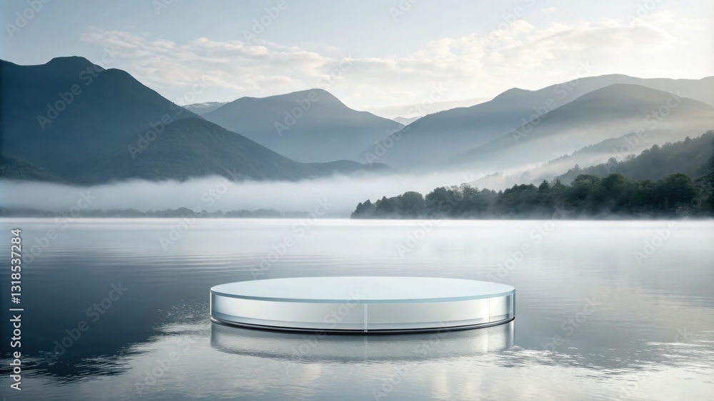 Poster A Minimalist Circular Platform Floating on a Misty Lake with a Scenic Mountain Range in the Background
