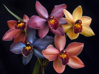 Fototapeta premium Multicolored orchids with unique textures on black background.