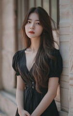 Fototapeta premium Young woman with long brown hair wears a black dress and poses calmly against a stone wall outdoors.