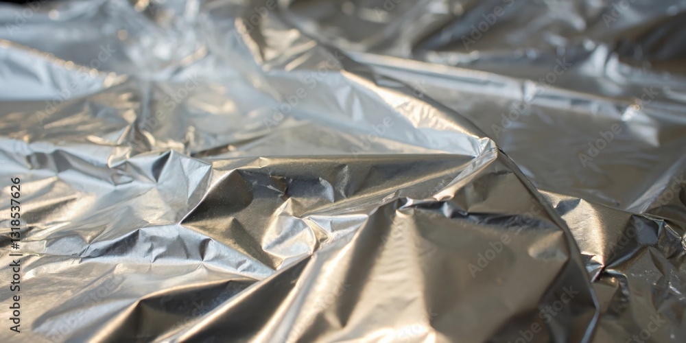 Poster A Close-Up View of Wrinkled Silver Foil, Reflecting Light and Shadow in a Play of Texture and Depth