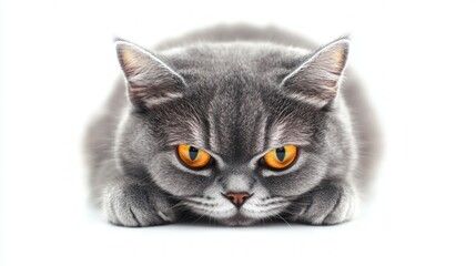 Fototapeta premium Gray Cat with Striking Yellow Eyes Laying on White Background