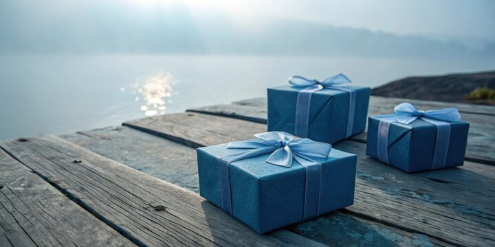 Three Blue Gift Boxes Wrapped in Blue Ribbons on a Weathered Wooden Dock With a Blurry Background of Calm Water and Sun Glints