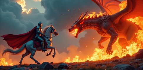 Knight in shining armor charging at a fierce dragon with flames engulfing its body, fire, fearless, heroic