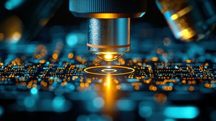 Microscope illuminates microchip, detail shown with bright focus on circuit board