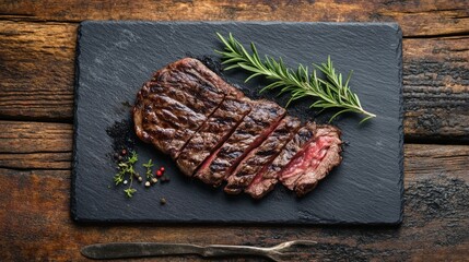 Succulent medium-rare steak, dark brown and juicy, artfully sliced in half atop a sleek black slate. One half leans elegantly left, inviting to savor each bite