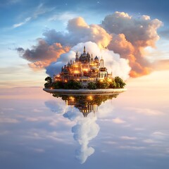 Obraz premium Dreamlike Fantasy City With Castle On A Floating Island Surrounded By Bright Clouds And Sky