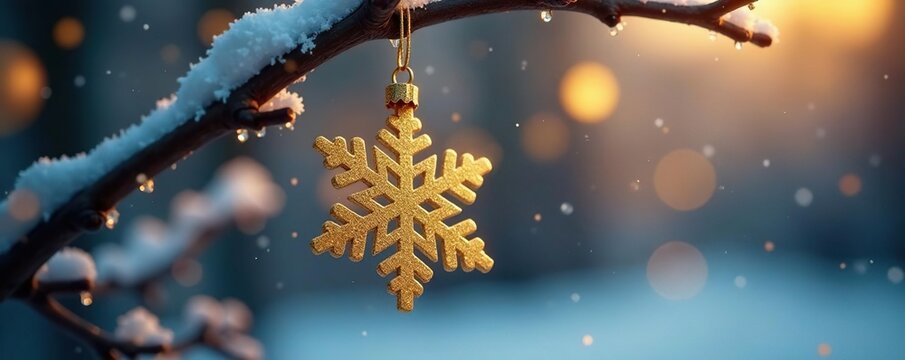 Glittering golden snowflake ornament suspended from a branch, winter, christmas