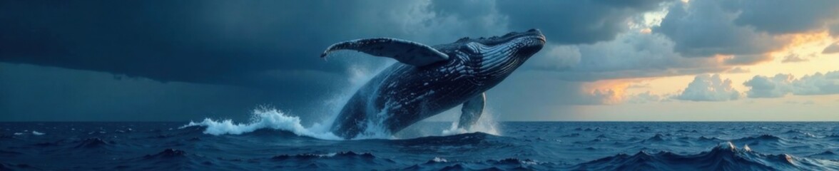 Fototapeta premium Large whale breaching against a dark sky with massive waves and ocean, ocean, silhouette, giant