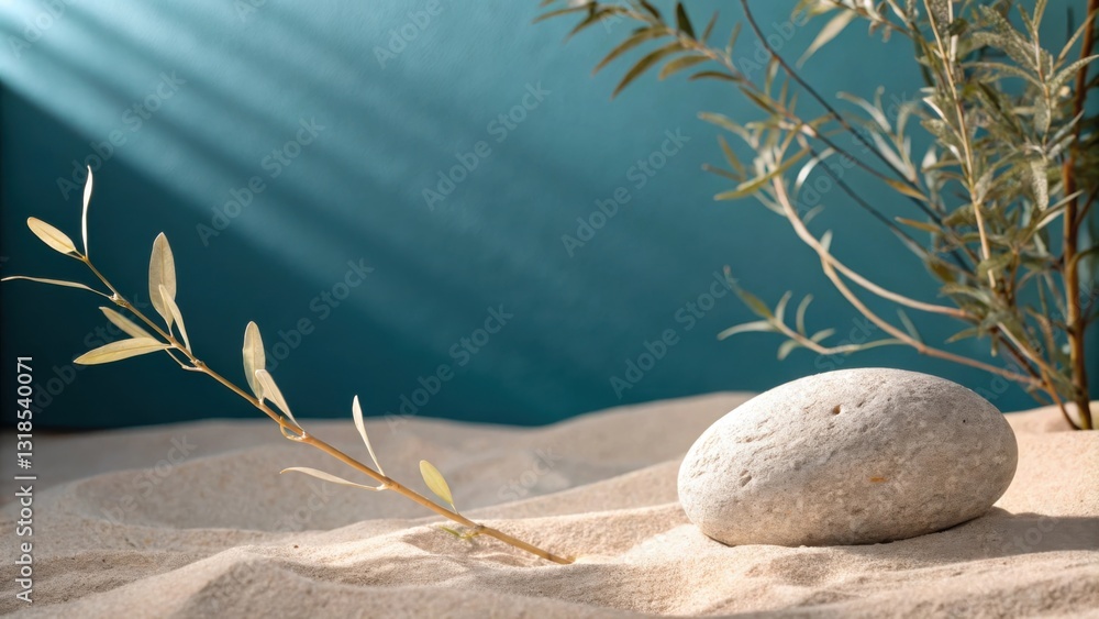 Poster a single stone nestled in soft sand with delicate branches reaching out against a teal background