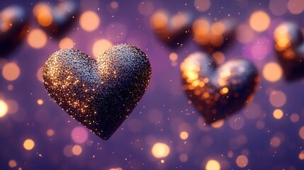 Obraz premium A dreamy composition of textured metallic hearts on a purple bokeh background, ideal for Valentine's Day, Mother's Day, or romantic themes in invitations and decorations.