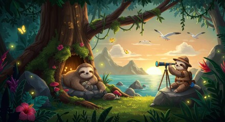 Obraz premium A tranquil scene featuring two sloths in a vibrant jungle, one observing through a telescope while the other relaxes near a cave, with a sunset and mountains in the background