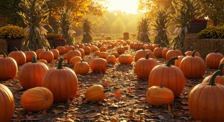A vibrant autumn scene featuring a pumpkin patch with bright orange pumpkins surrounded by colorful foliage