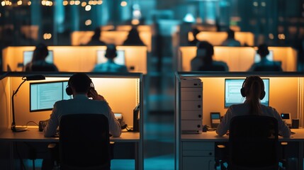 Busy call center agents work late at computers. AI generated