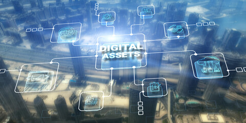 Digital Assets Business Management System Concept on modern city background