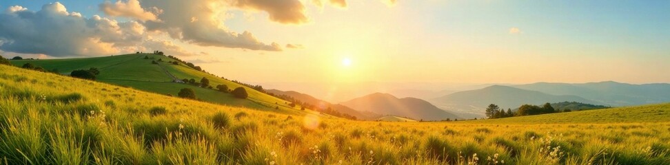 Fototapeta premium Sunny landscape with a hill in the background, nature, trees, mountains