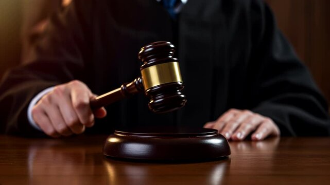 Judge striking gavel in courtroom with formal robe. Close-up of wooden hammer hitting sound block. Legal system. Court proceedings, legal services, law firms, justice system. Horizontal video